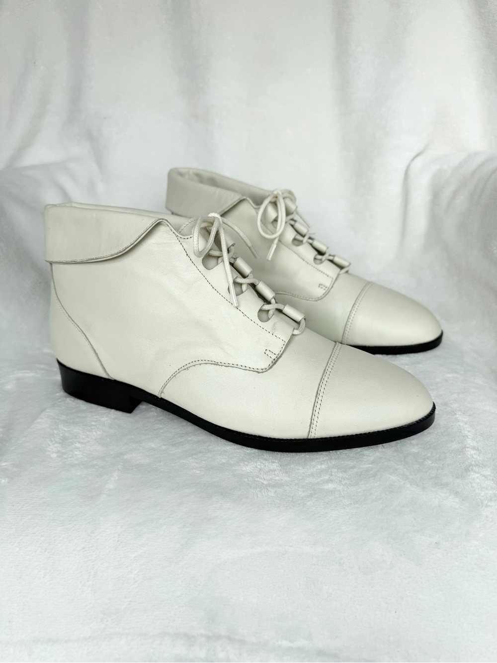 Prima Royale Vintage 80s 90s White Leather Lace Up Granny Boots Size 10